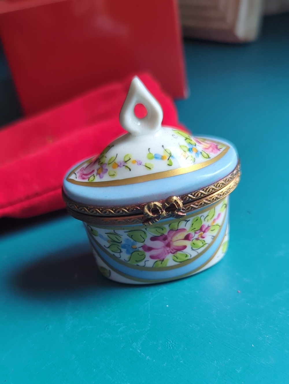 Limoges Blue & White Floral Porcelain Trinket Box with Gold Trim
